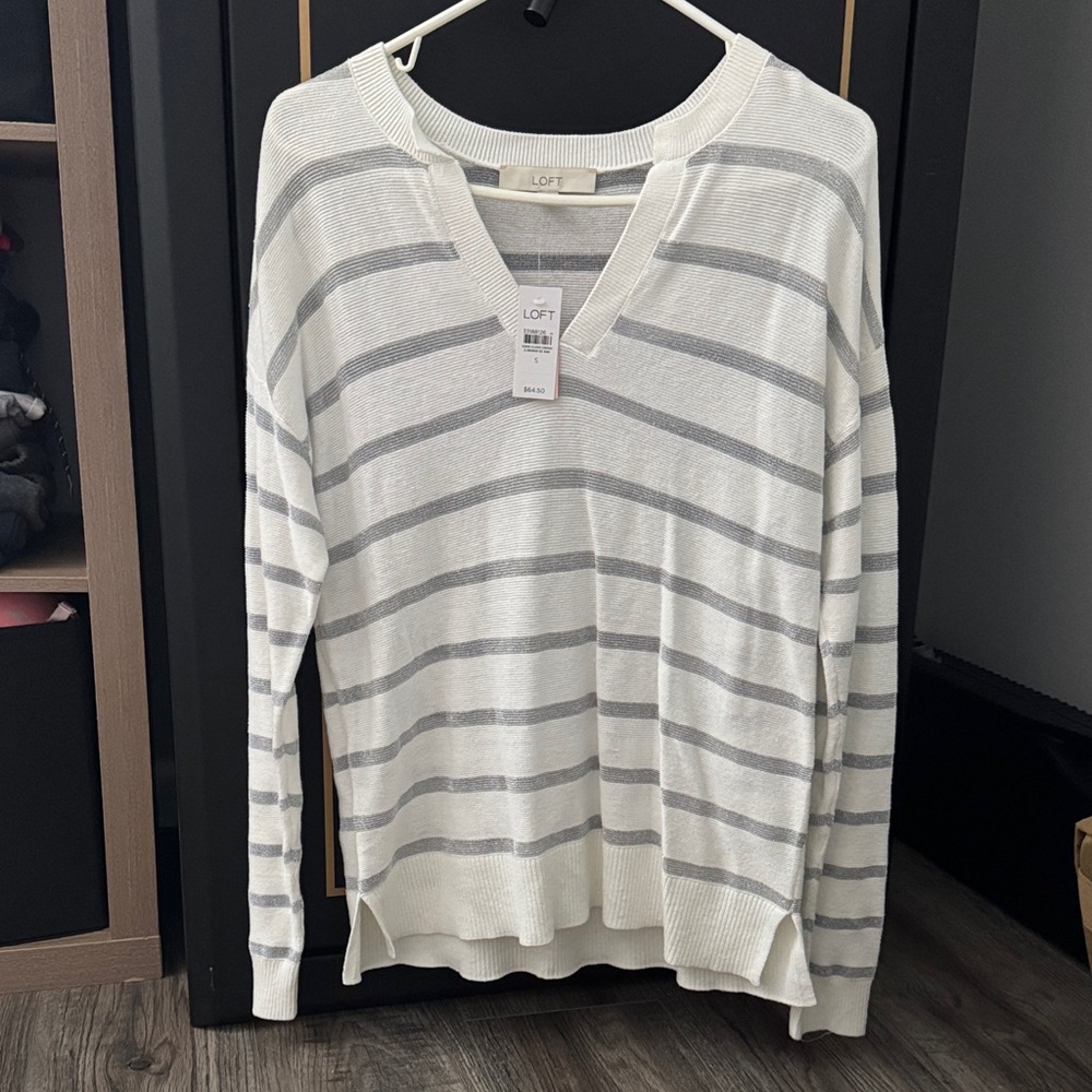 LOFT V-Neck Sweater in White and Gray Stripes